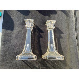 Vintage Mission Square Candlestick Notched Edge Clear Glass - Elegant